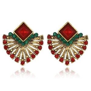 Womens Gold Red Fan Stud Post Earrings